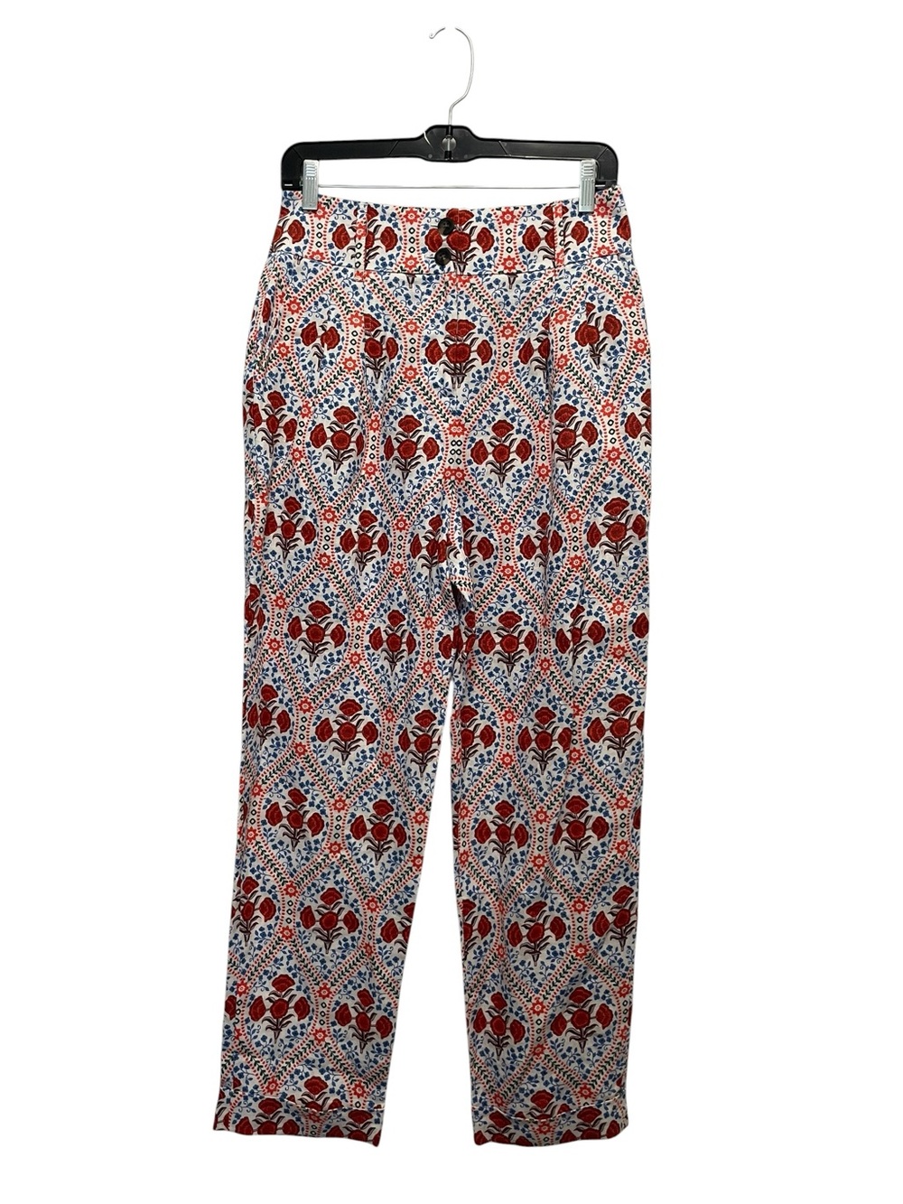 Boden Red Poppy Floral Patterned Linen Turn Up Trousers White Spring Preppy 4